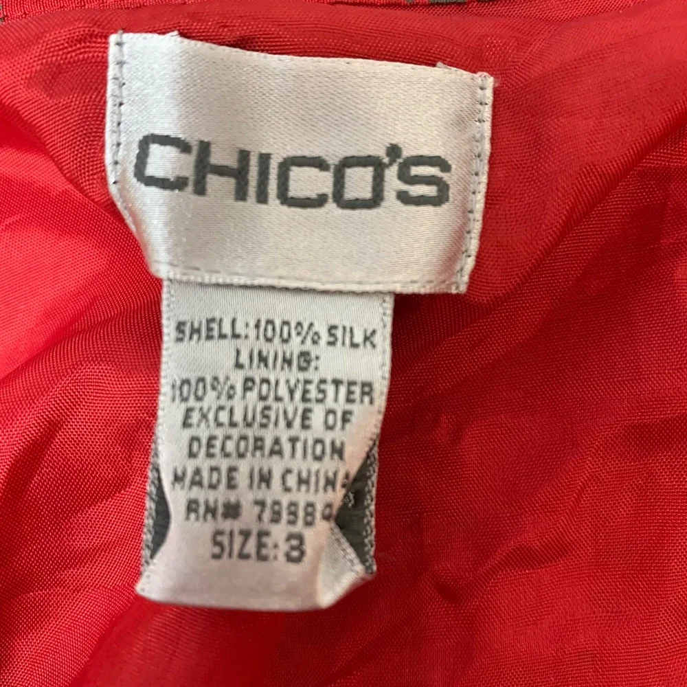 Chico's Silk Jacket Women Size 3 Red Gold Sequin Damask Open Front L/XL 12913